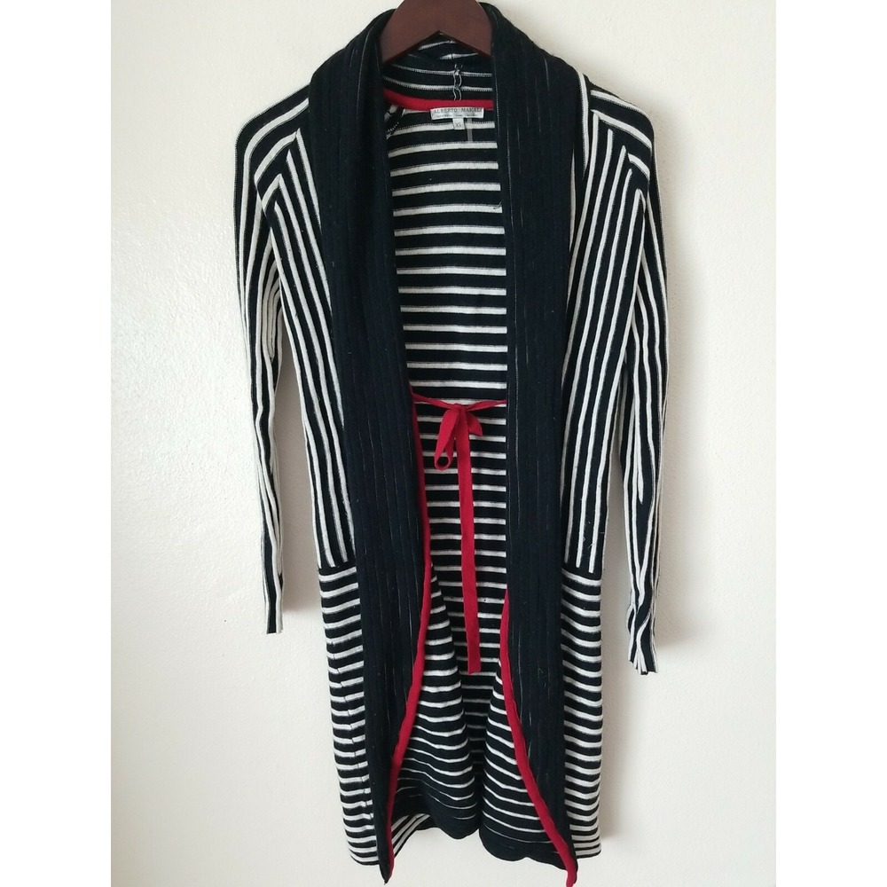 ALBERTO MAKALI Women's Tie Front Striped Black White Cardigan Sweater Size XS